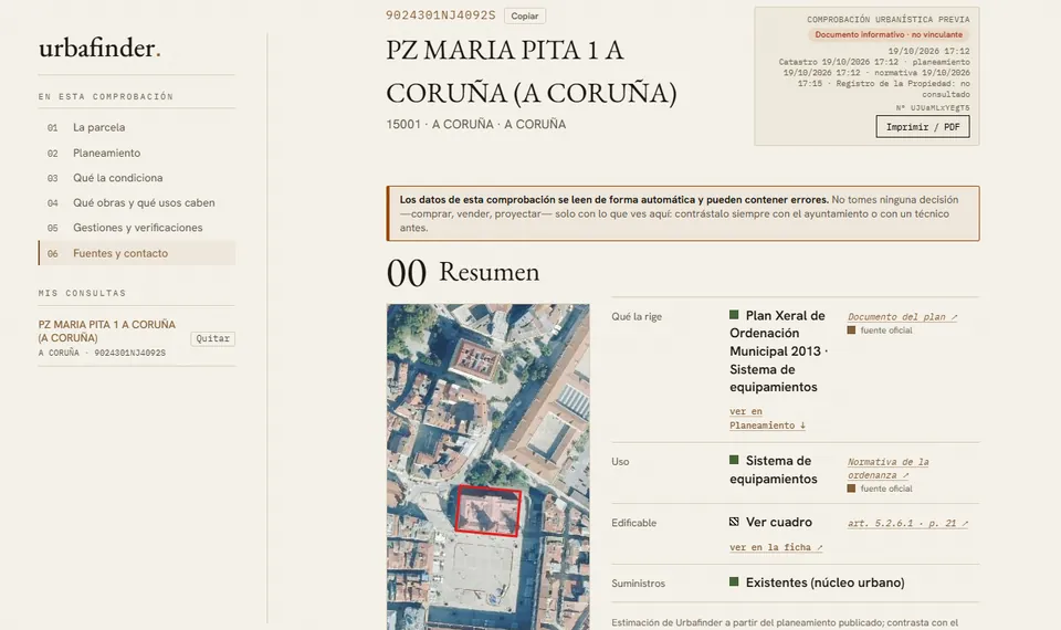 Recorrido por una comprobación real, con todo cargado: resumen con la parcela sobre la ortofoto, datos de la parcela, planeamiento, condicionantes, obras y usos que caben y gestiones