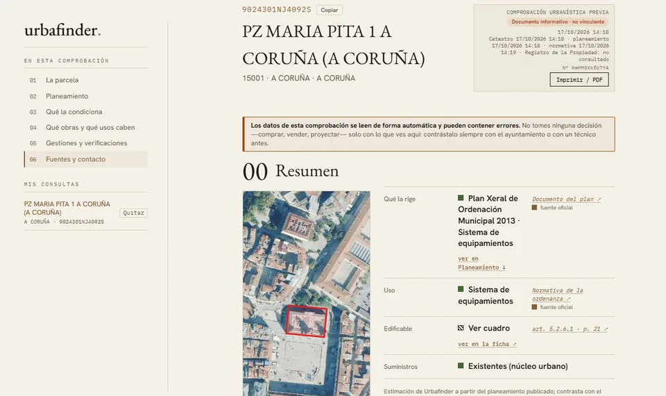 Resumen de una comprobación real: qué ordenanza rige, uso, edificabilidad y la parcela marcada en rojo sobre la ortofoto